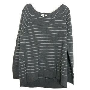 Gap Womens Sweater Large Gray White Stripes Brooklyn V-Neck